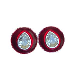 Signed YSL Yves Saint Laurent Red Enamel Teardrop Crystal Omega Stud Earrings